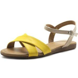 Ollio Women's Two Tone Cross Straps Ankle Buckled Flat Sandals - 9